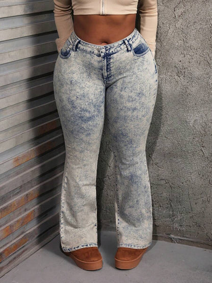 Dripcurv Plus Size Sexy Low Waist Skinny Flare Jeans – Blue Denim for Women’s Fall Fashion