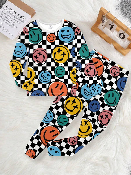 Tween Boys’ Casual Face Print Long Sleeve Loungewear Set