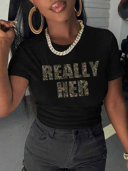 INAWLY Womens Casual Round Neck Short Sleeve Letter Print Simple Top Everyday Wear