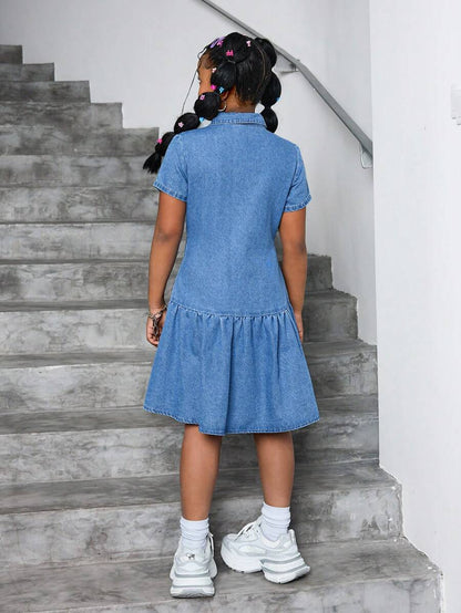 SHEIN Tween Girls Casual Denim A-Line Shirt Dress