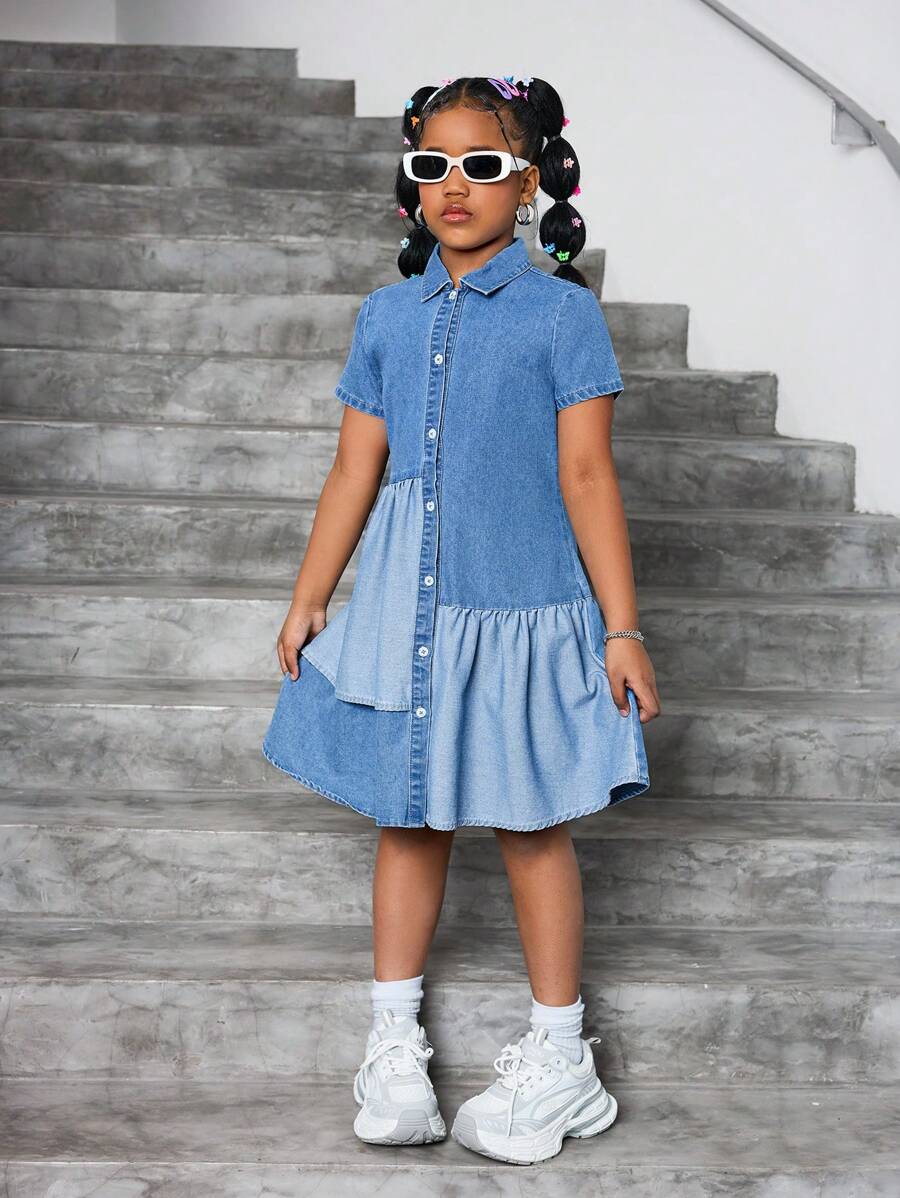 SHEIN Tween Girls Casual Denim A-Line Shirt Dress