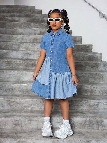 SHEIN Tween Girls Casual Denim A-Line Shirt Dress
