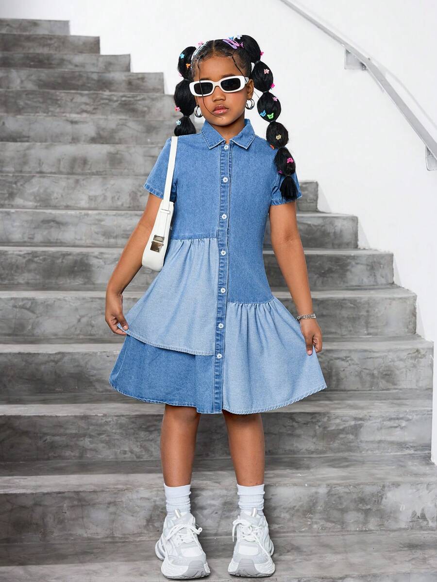 SHEIN Tween Girls Casual Denim A-Line Shirt Dress