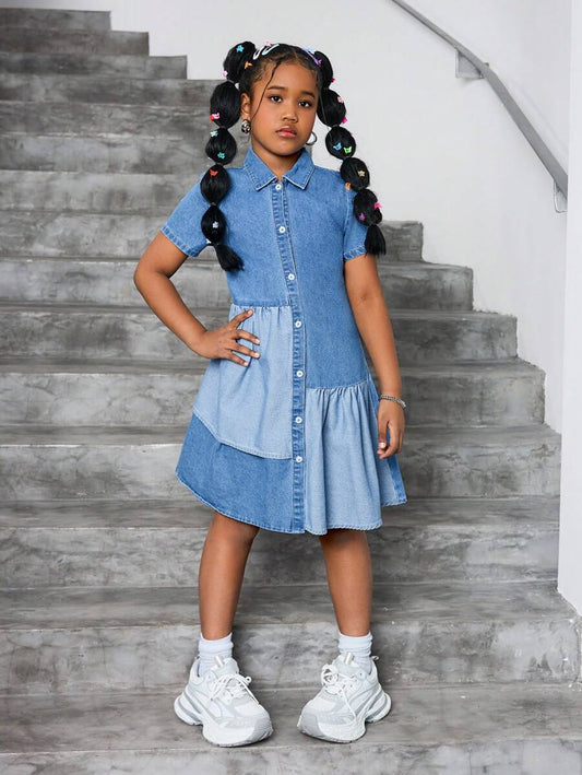 SHEIN Tween Girls Casual Denim A-Line Shirt Dress