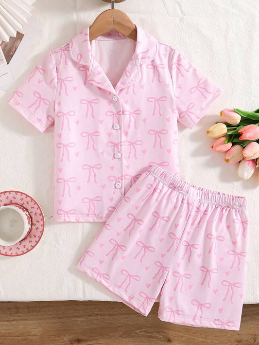 Girls Bow Print Knit Set – Collared Top & Shorts
