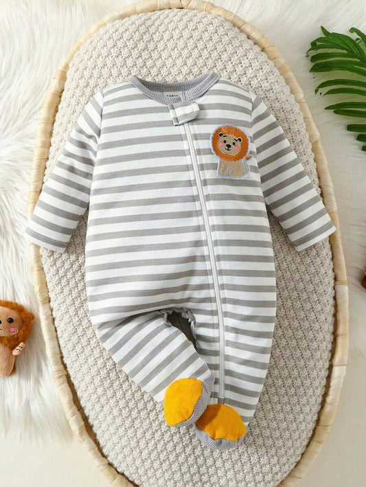 SHEIN Baby Boy Lion Zip Pajamas – Striped & Footed