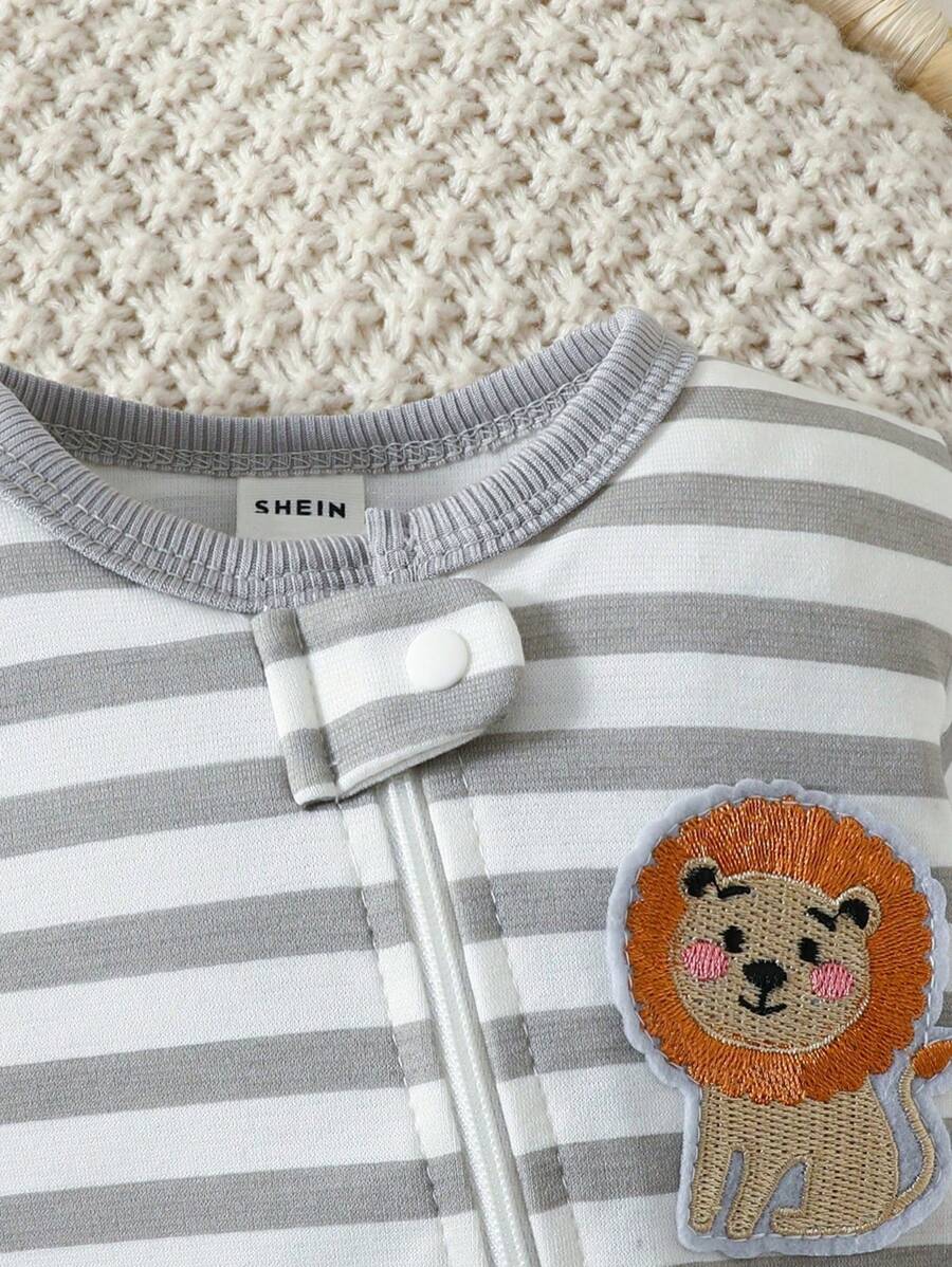SHEIN Baby Boy Lion Zip Pajamas – Striped & Footed
