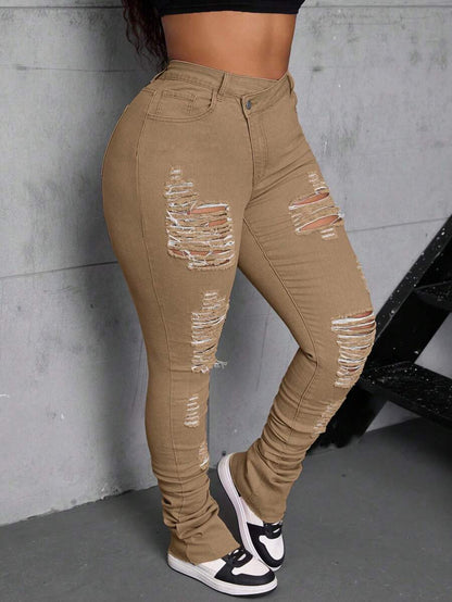 SHEIN SXY Plus Size Brown Ripped Asymmetric Denim Jeans with Extra Long Piling Hem