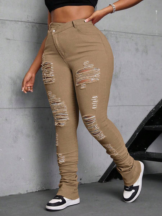 SHEIN SXY Plus Size Brown Ripped Asymmetric Denim Jeans with Extra Long Piling Hem
