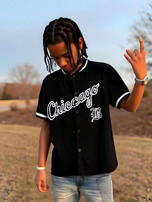 SHEIN Tween Boy Letter Graphic Baseball Collar Shirt