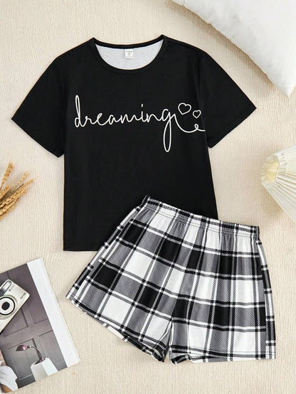 SHEIN 2pcs Teen Girl Letter Tee & Plaid Shorts Sleepwear Set