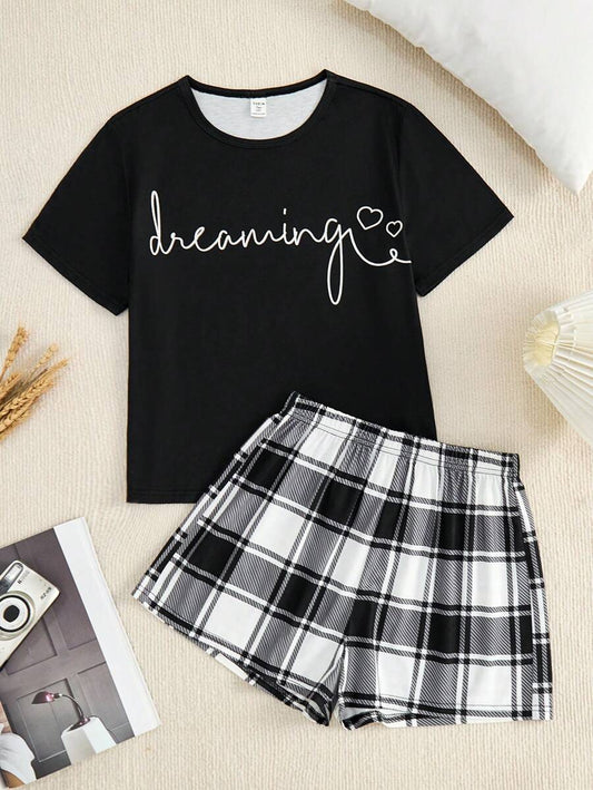 SHEIN 2pcs Teen Girl Letter Tee & Plaid Shorts Sleepwear Set