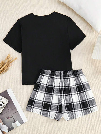 SHEIN 2pcs Teen Girl Letter Tee & Plaid Shorts Sleepwear Set