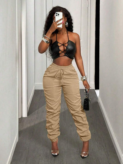 BamGleam Womens Pleated Cuffed Jogger Pants