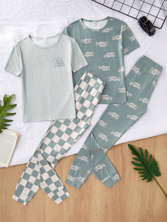 4pcs Boys Car Print Loungewear Set – Snug Fit Pajamas