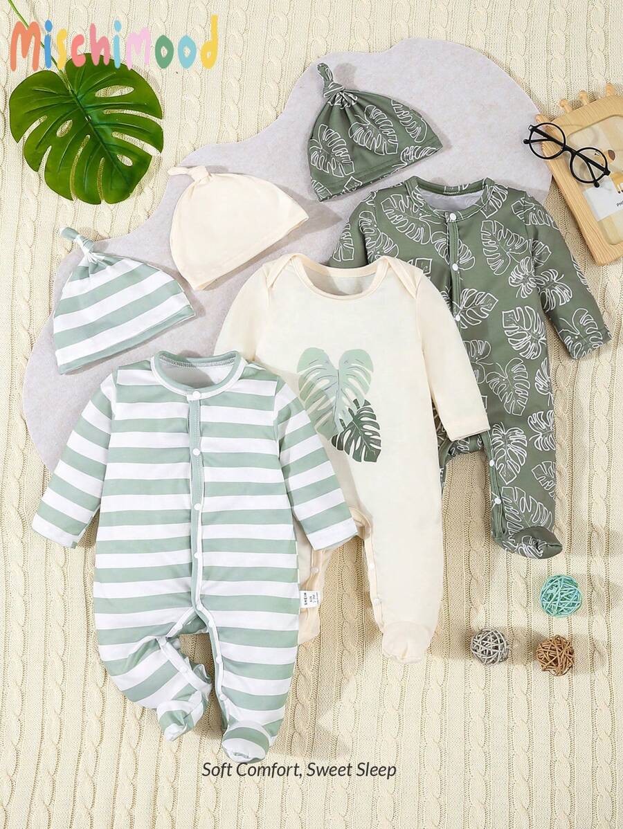 SHEIN 6pcs Baby Set – Green Stripes & Leaf Print