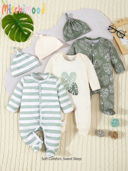 SHEIN 6pcs Baby Set – Green Stripes & Leaf Print