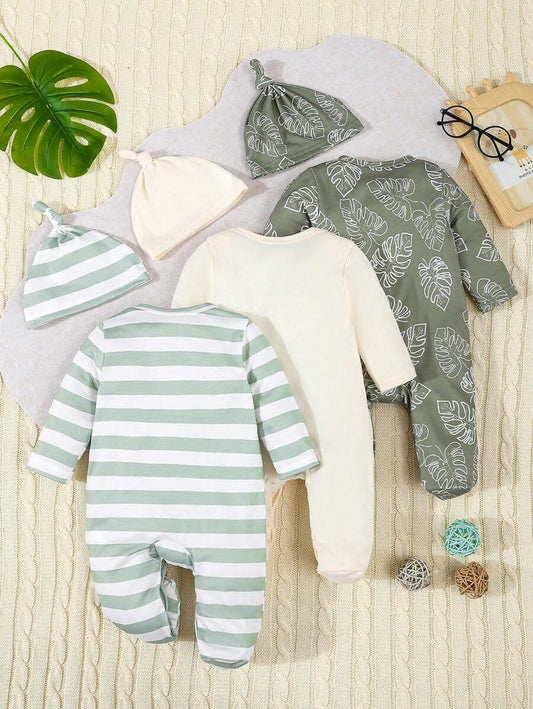 SHEIN 6pcs Baby Set – Green Stripes & Leaf Print