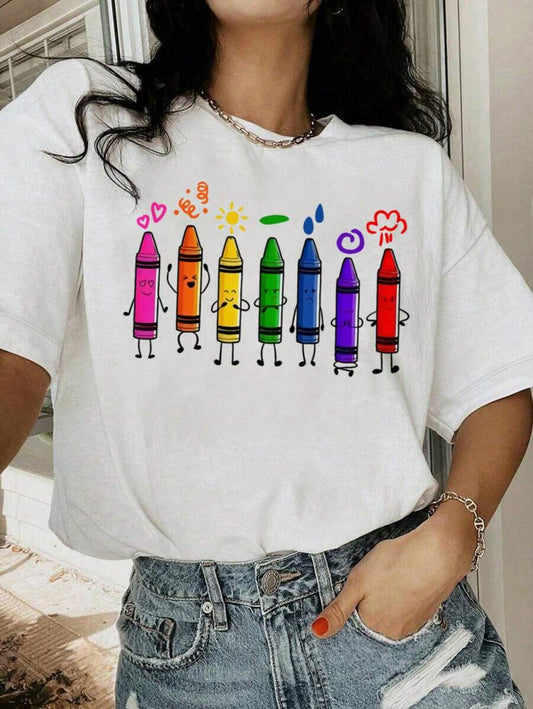 1pc Back To School Girls' Crayon Print T-Shirt