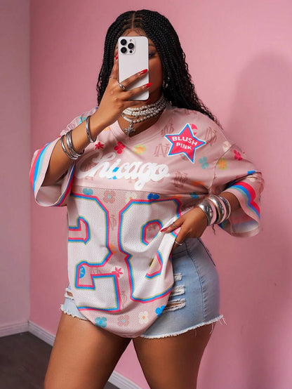 Slaydiva 2025 Spring & Summer Street Sports Casual Loose V-Neck Top with Numeric 28 Print – 5/8 Sleeve