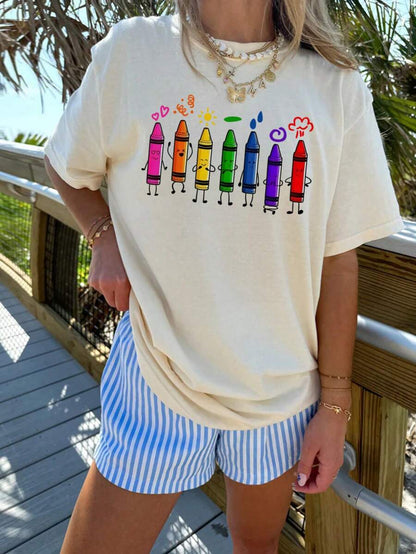 1pc Back To School Girls' Crayon Print T-Shirt