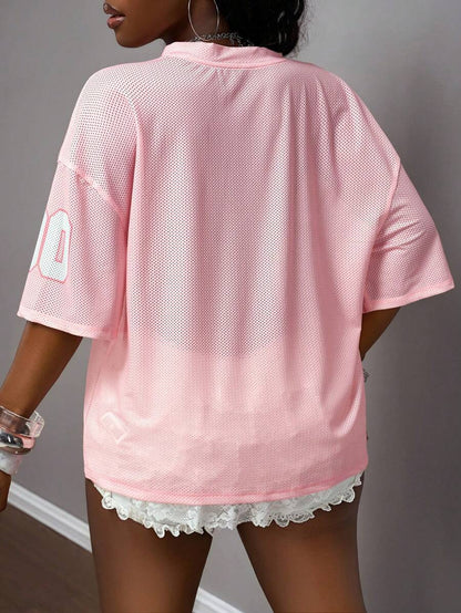Slaydiva 2025 Summer New Street Casual Pink Mesh Fabric Alphanumeric Printing Loose V Neck Short Sleeve Women T Shirt Suitable For Music Festival Daily Travel Vacation Boho Travel Seaside Beach Graduation Back To School Holiday Party Sports