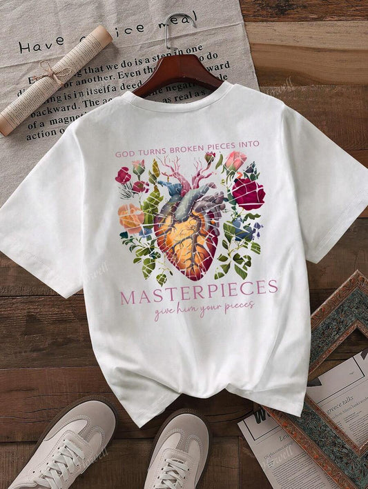 Heart And Floral Print T Shirt Short Sleeve Crew Neck Casual Top For Summer And Spring Womens Clothing