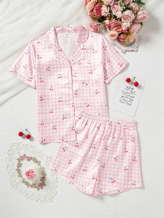Teen Girl Plaid Cherry Print Lapel Short Sleeve Top & Shorts Set