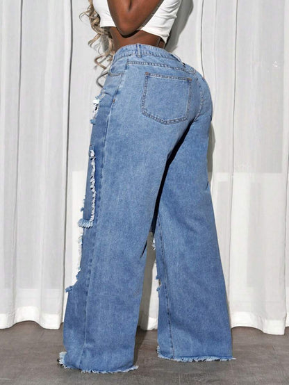 Slaydiva Plus Size Women’s Pocketed Distressed Wide Leg Loose Casual Jeans