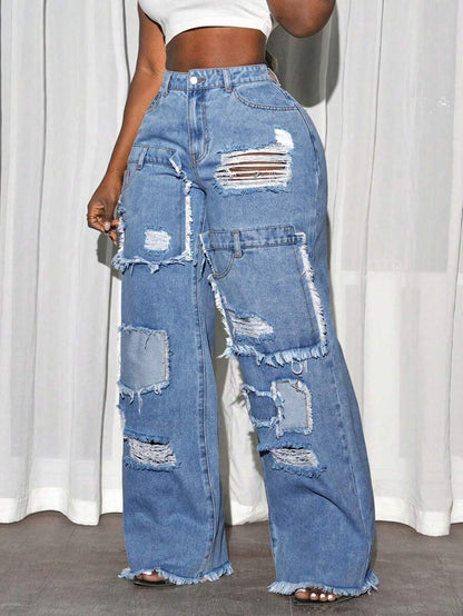 Slaydiva Plus Size Women’s Pocketed Distressed Wide Leg Loose Casual Jeans