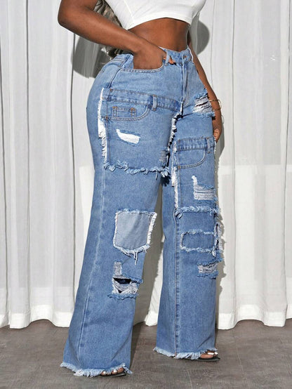 Slaydiva Plus Size Women’s Pocketed Distressed Wide Leg Loose Casual Jeans