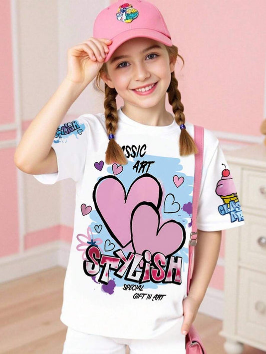 Tween Girls Classic Art & Heart Graffiti Print T-Shirt