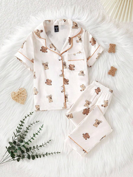 Kids Bear Print Satin Pajama Set