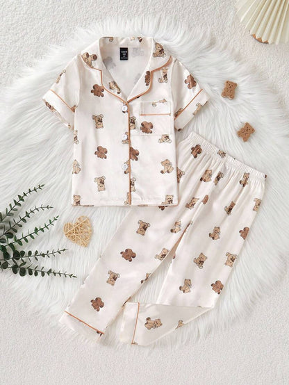 Kids Bear Print Satin Pajama Set