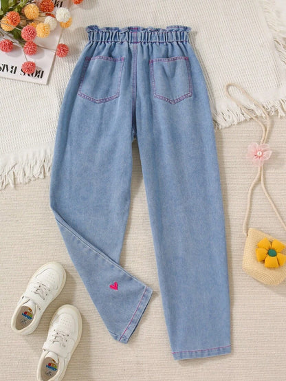 Tween Girls Y2K Heart Embroidered Wide-Leg Jeans