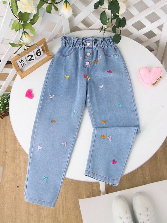 Tween Girls Y2K Heart Embroidered Wide-Leg Jeans