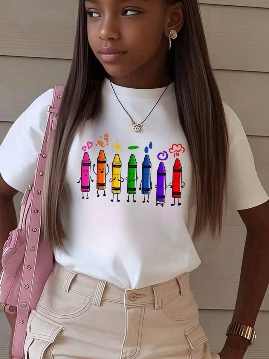 1pc Back To School Girls' Crayon Print T-Shirt