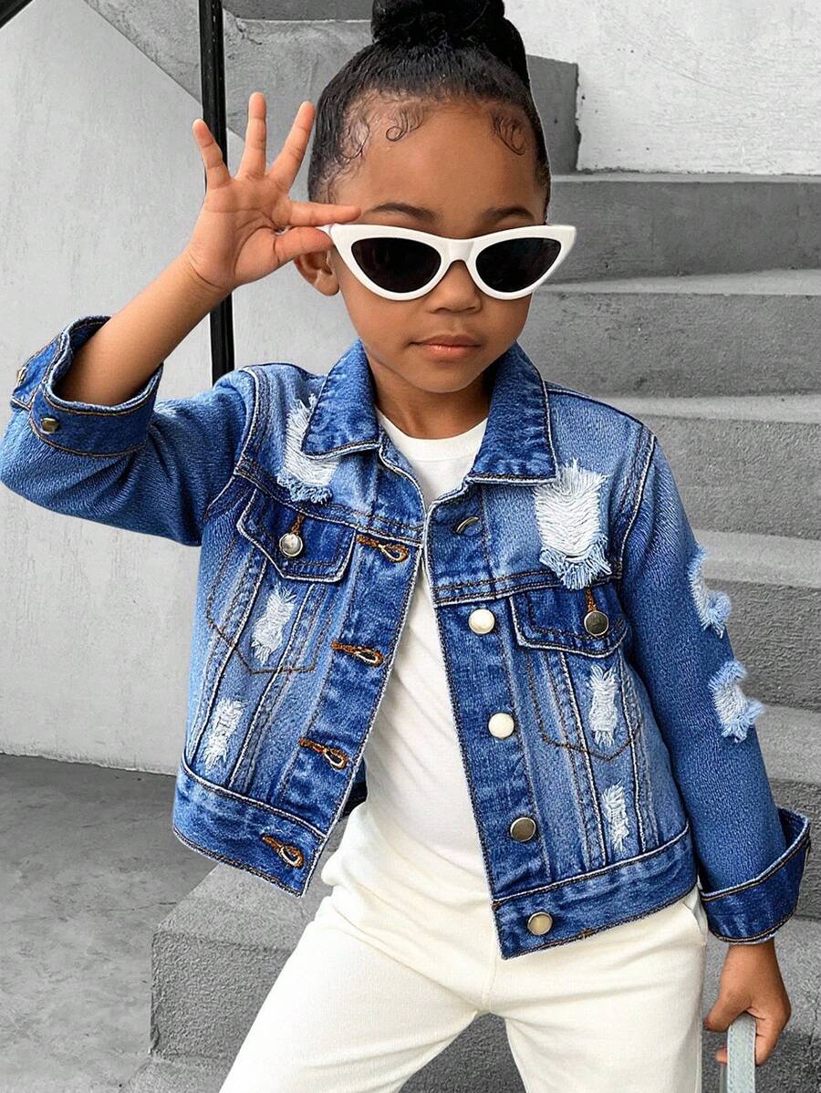 Kids Girls Ripped Denim Jacket