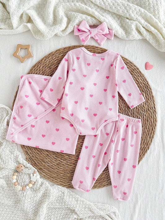 4pcs Baby Girl Pink Heart Romper & Blanket Set