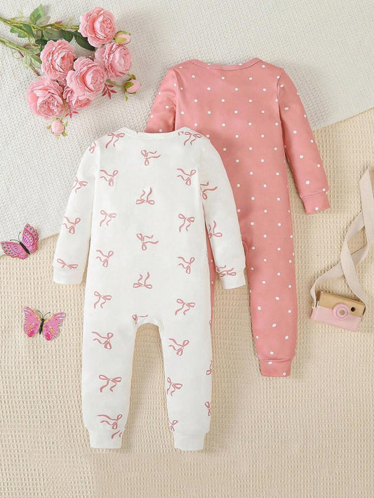 2pcs Baby Girl Romper Set – Pink Polka Dot & Bow Print